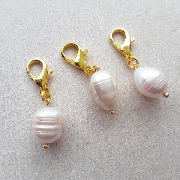 Real Natural Cultured Freshwater Pearl Clip on Charm with Gold Lobster Clasp, Stitchmarker, Zipper, Planner Charm