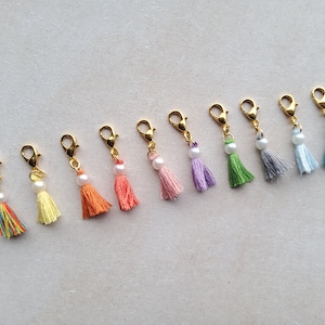 以下が含まれることがあります： 金色の留め具と真珠のビーズが付いた、カラフルなタッセルチャーム10個。タッセルはオレンジ、イエロー、グリーン、ブルー、パープル、ピンクの色合いです。