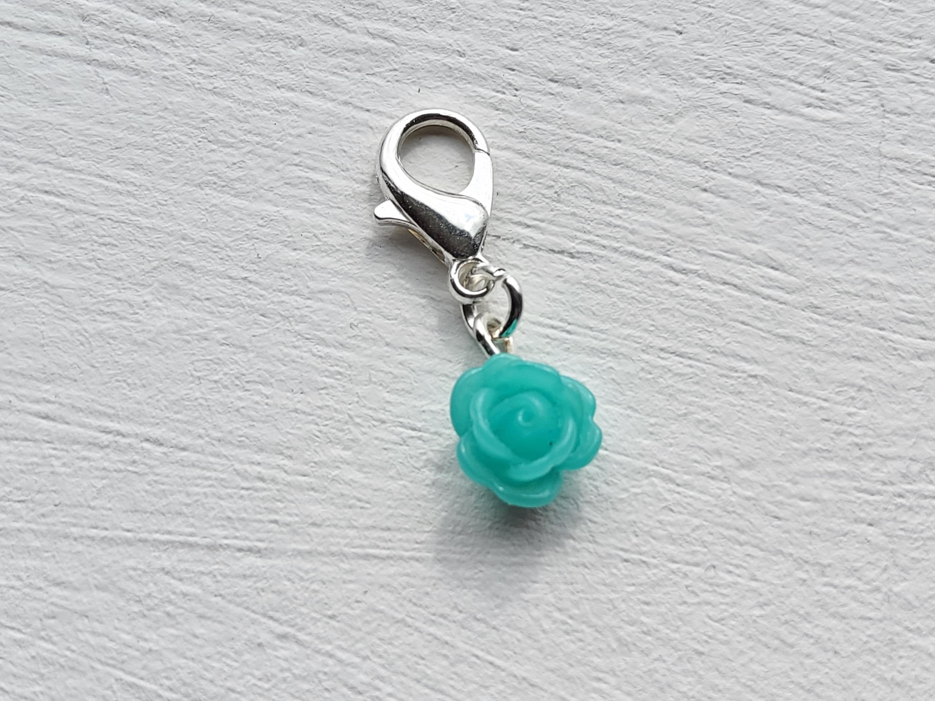 Turquoise Resin Rose Clip on Charm With Silver Lobster Clasp