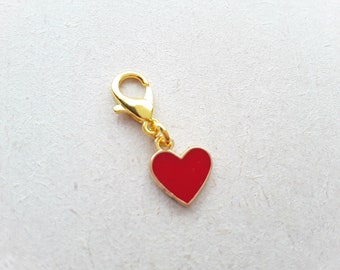 Little Red Heart Enamel Clip on Charm, with Gold Lobster Clasp, Stitchmarker, Zipper, Planner Charm