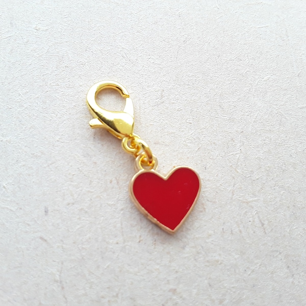 Little Red Heart Enamel Clip on Charm, with Gold Lobster Clasp, Stitchmarker, Zipper, Planner Charm