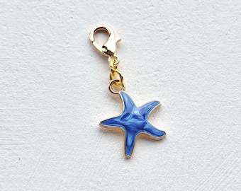 Blue Starfish Enamel Clip on Charm with Lobster Clasp, Stitchmarker, Zipper, Planner Charm
