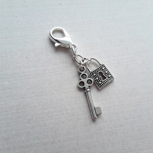 Key and Lock Tibetan Silver Clip on Charm with Lobster Clasp, Stitchmarker, Zipper, Planner Charm