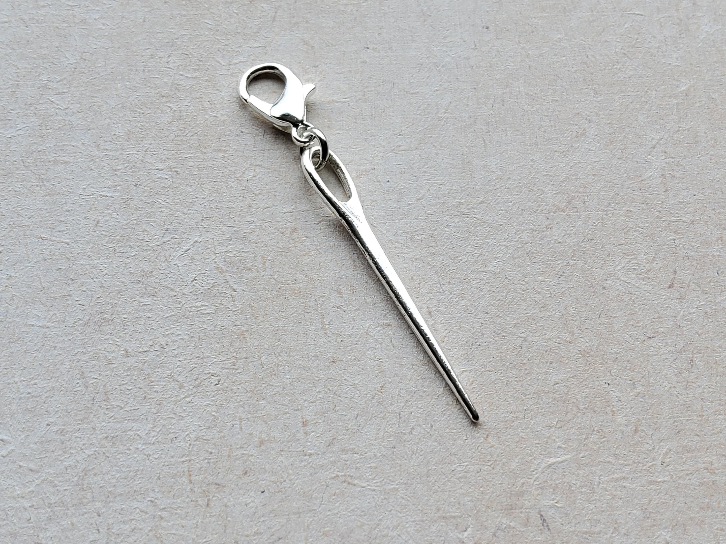 Large Sewing Needle Silver Clip on Charm With Lobster Clasp