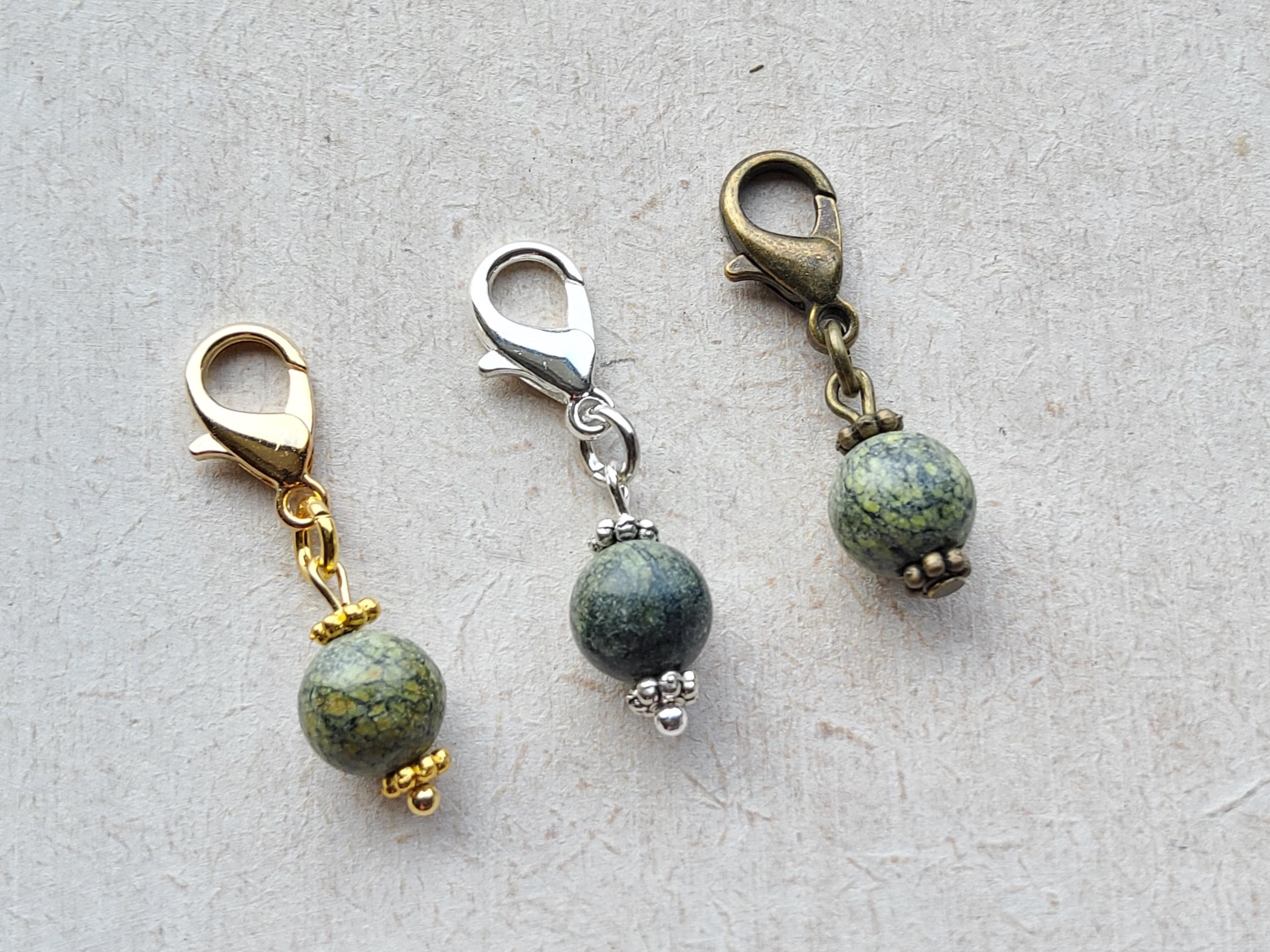 Natural Serpentine/green Lace Stone Round Bead Clip on Charm With