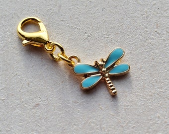 Blue Dragonfly Enamel Clip on Charm with Lobster Clasp, Stitchmarker, Zipper, Planner Charm