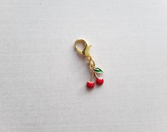 Cherry Enamel Clip on Charm with Gold Lobster Clasp, Stitchmarker, Zipper, Planner Charm