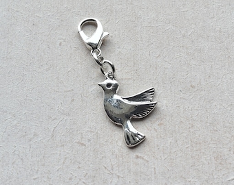 Dove Tibetan Silver Clip on Charm with Lobster Clasp, Stitchmarker, Zipper, Planner Charm, Gift