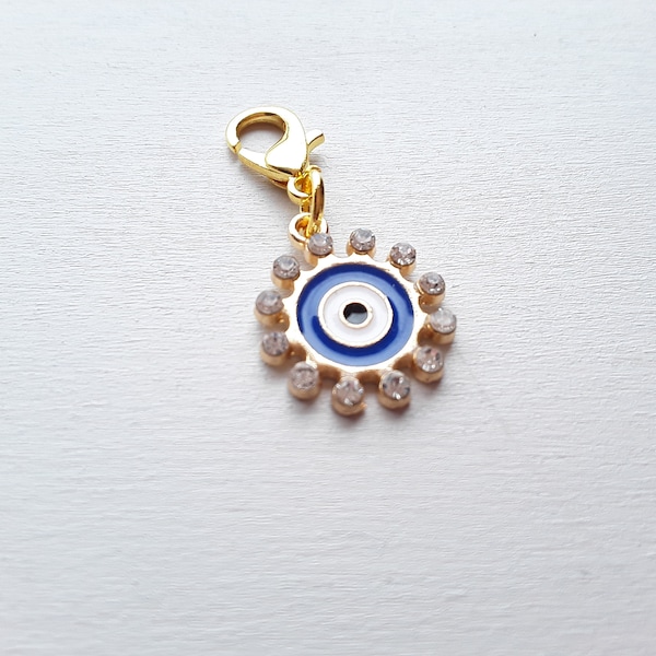 Flower with Evil Eye Enamel Charm with Rhinestones, Clip on Charm, with Gold Lobster Clasp, Stitchmarker, Zipper, Planner Charm