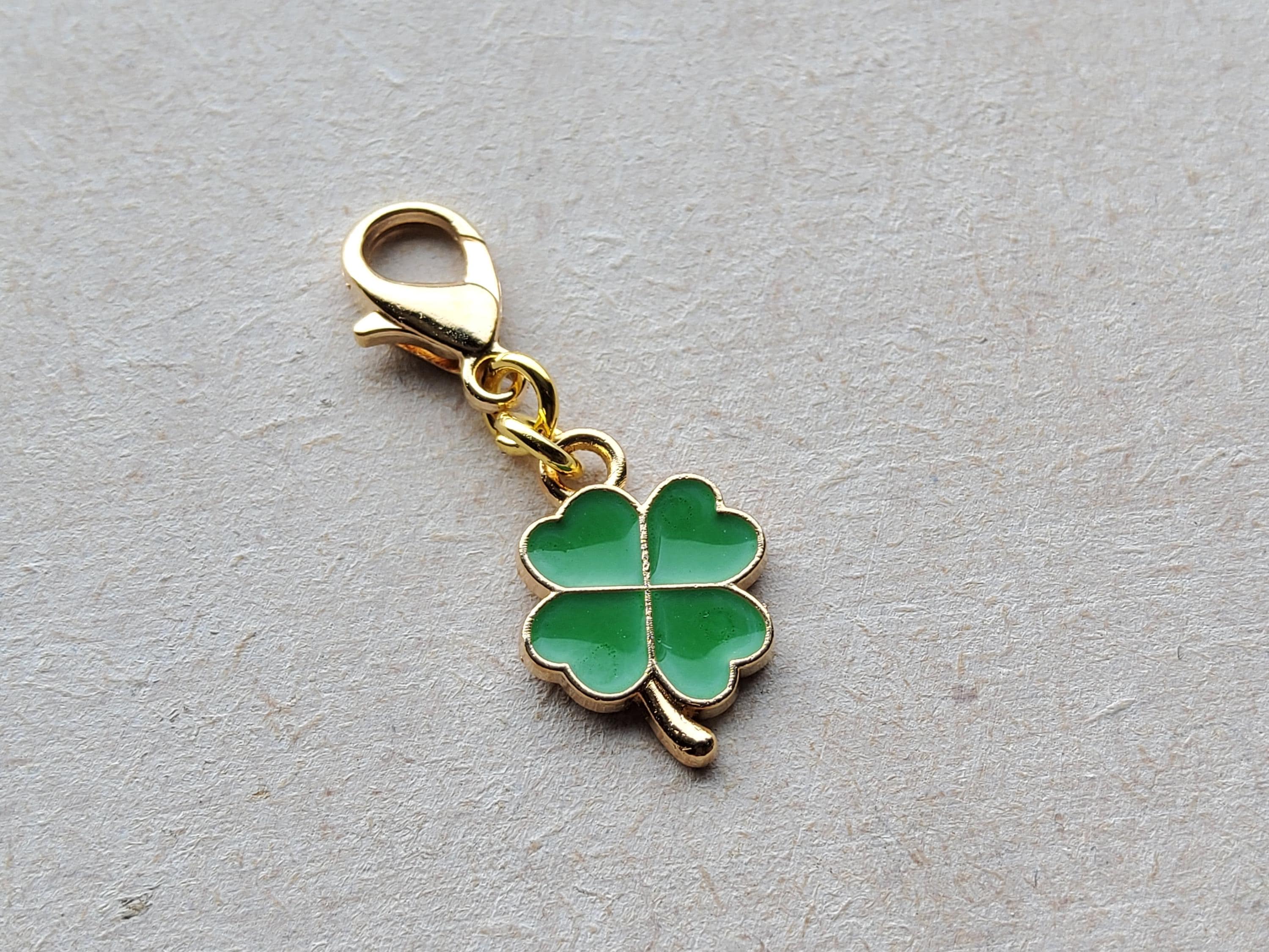 Green Clover Enamel Clip on Charm, Gold Lobster Clasp, Zipper