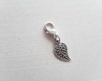 Clip en argent tibétain feuille sur charme avec fermoir à homard, marqueur de point, fermeture éclair, charme planificateur