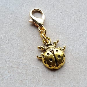 May include: A gold-coloured ladybird charm with a lobster clasp. The ladybird has black spots and is attached to a gold-tone clasp. The charm is likely made of metal and is designed to be attached to a bracelet or necklace.
