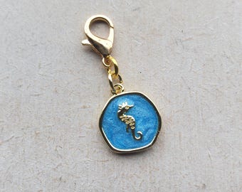 Gold and Blue Seahorse Clip on Charm with Lobster Clasp, Cubic Zirconia, 18k gold plated, Stitchmarker, Zipper, Planner Charm