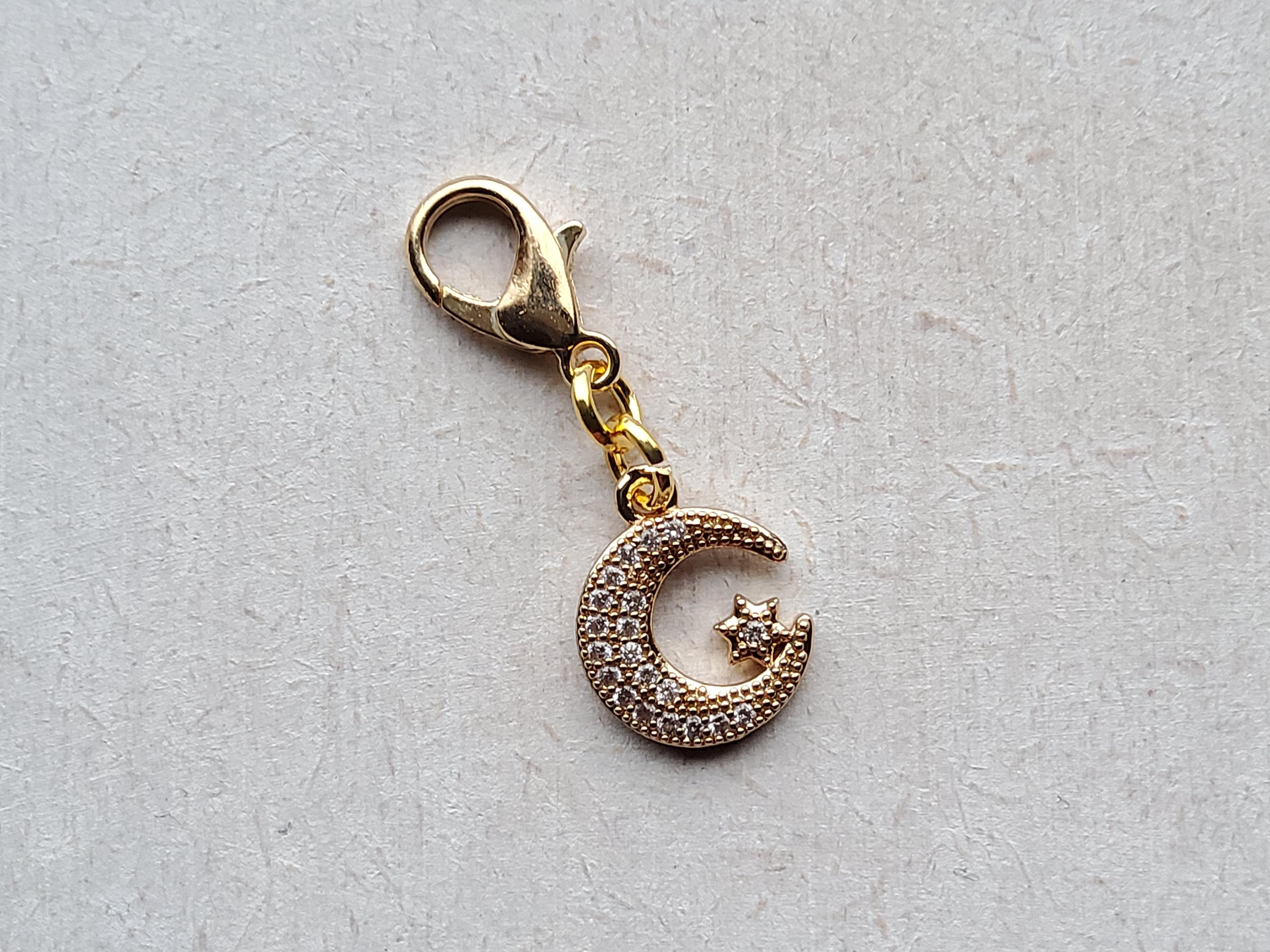 レジン クリップ スタームーン Gold Micro Cubic Zirconia Star & Moon Clip on Charm With Lobster