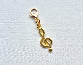 Tibetan Gold Treble Clef Music Note Clip on Charm, with Lobster Clasp, Planner Charm, Notebook, Zipper Pull