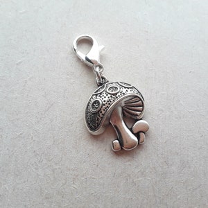 Mushroom Tibetan Silver Clip on Charm with Lobster Clasp, Stitchmarker, Zipper, Planner Charm