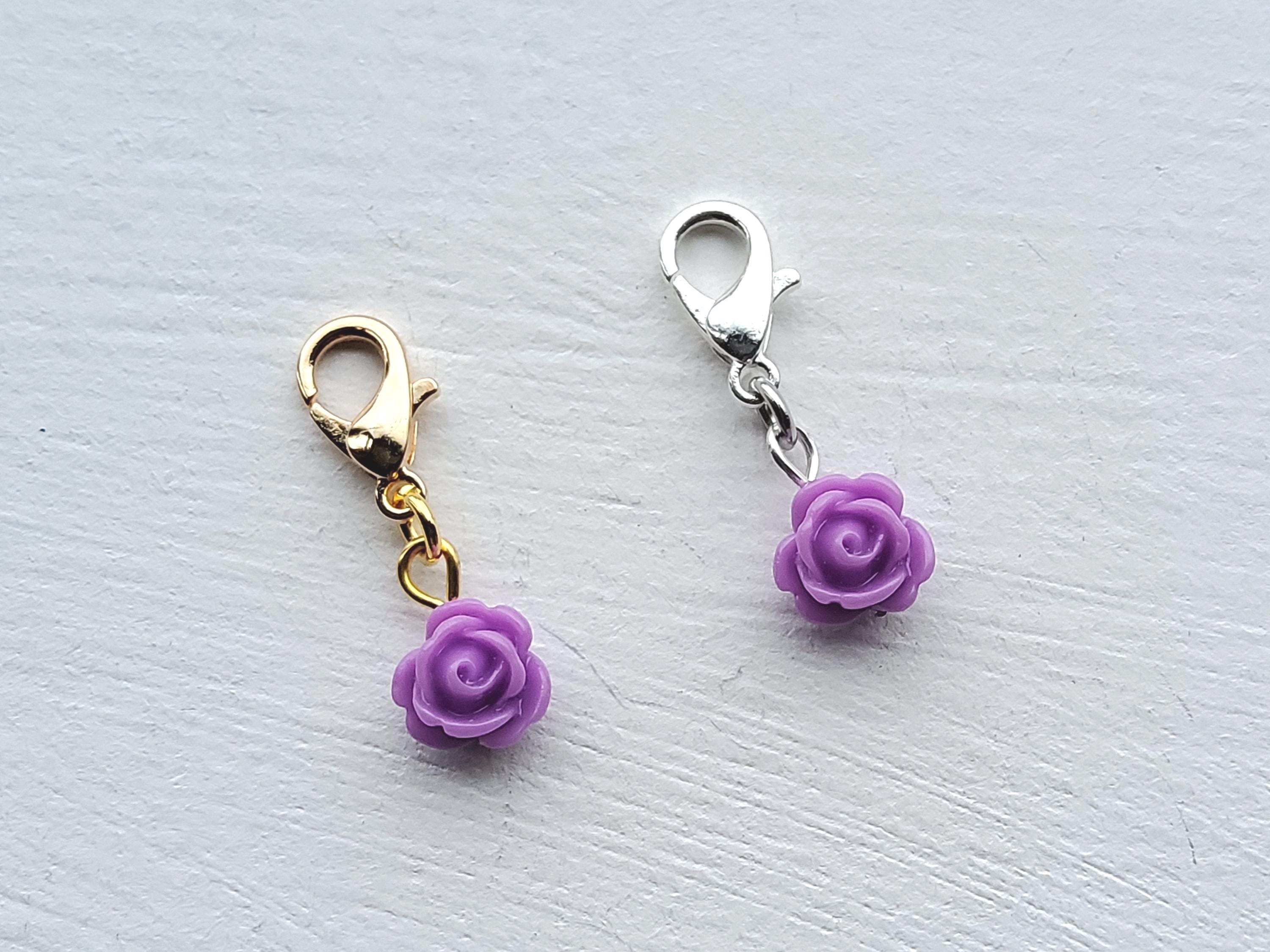 Purple Resin Rose Clip on Charm With Silver Lobster Clasp