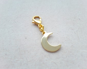 Gold Moon Clip on Charm with Lobster Clasp, Stitchmarker, Zipper, Planner Charm