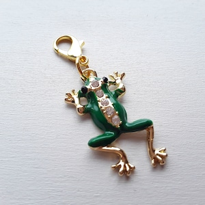 Frog Enamel Charm with Rhinestones, Clip on Charm, with Gold Lobster Clasp, Enamel Charm, Stitchmarker, Zipper, Planner Charm