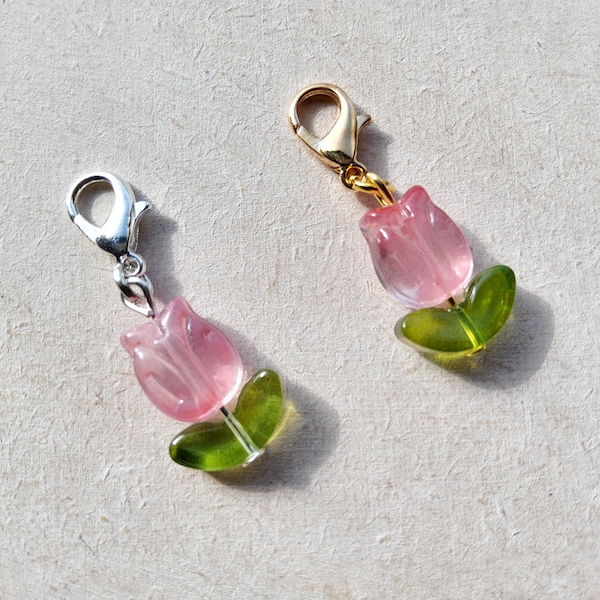 Pink Flower/Tulip Glass Clip on Charm, Journal Charm Dangle with Lobster Clasp, Gift