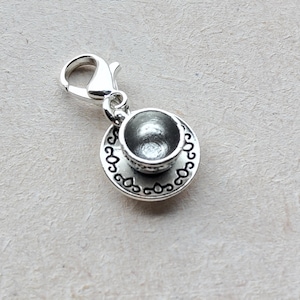 Mini Teacup Tibetan Silver Clip on Charm with Lobster Clasp, Stitchmarker, Zipper, Planner Charm