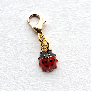 Peut inclure: Un charm doré avec un fermoir mousqueton et un pendentif coccinelle. La coccinelle est rouge avec des points noirs et une tête noire. Le charm est destiné à un bracelet ou un collier.