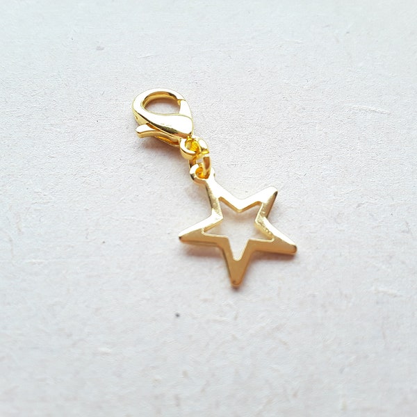 Gold Star Clip on Charm with Lobster Clasp, Stitchmarker, Zipper, Planner Charm