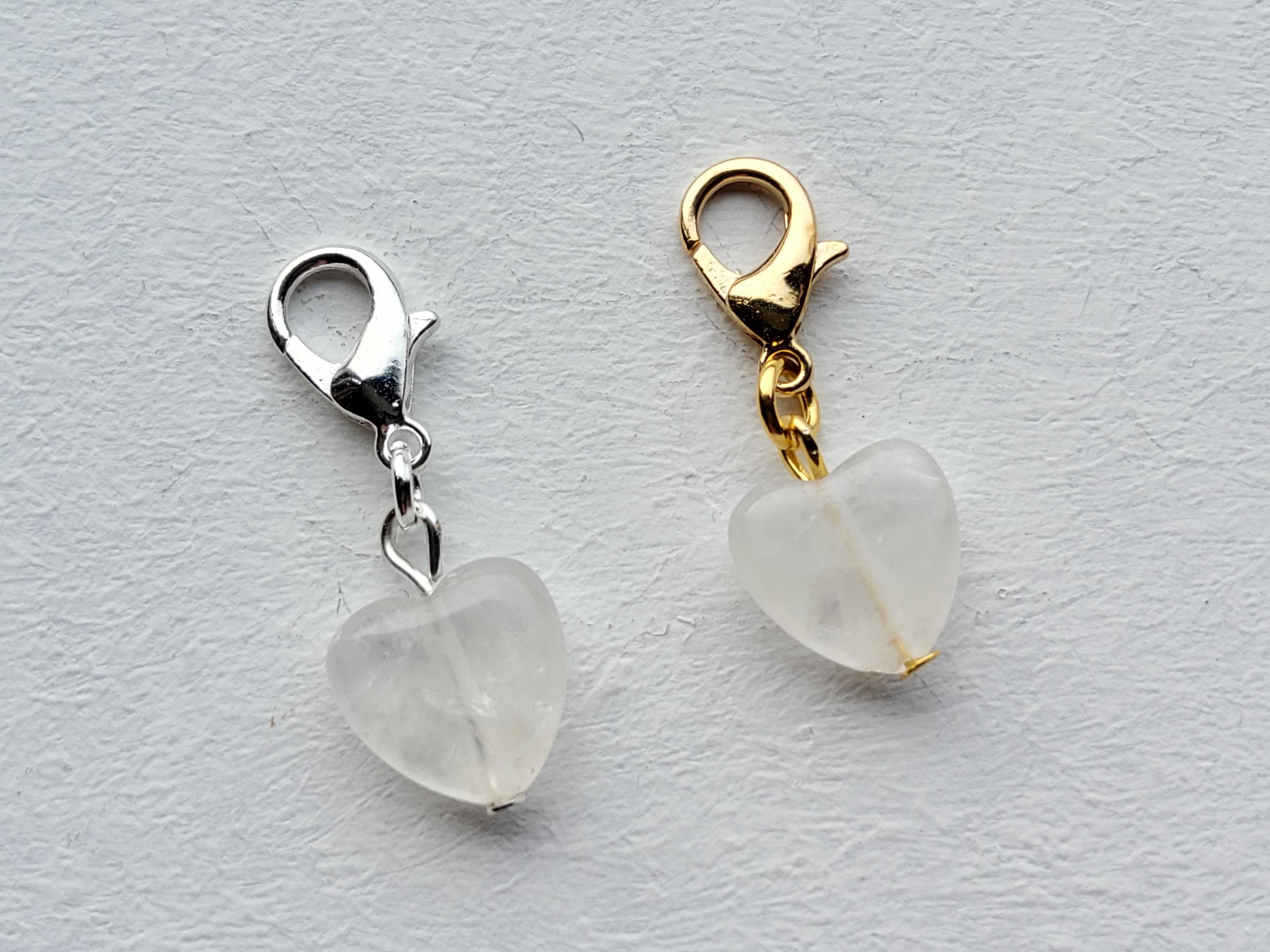 Natural Quartz Gemstone Heart Clip on Charm, Lobster Clasp