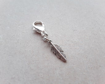 Minuscule plume argent clip sur charme avec fermoir à homard, marqueur de point, fermeture éclair, charme planificateur