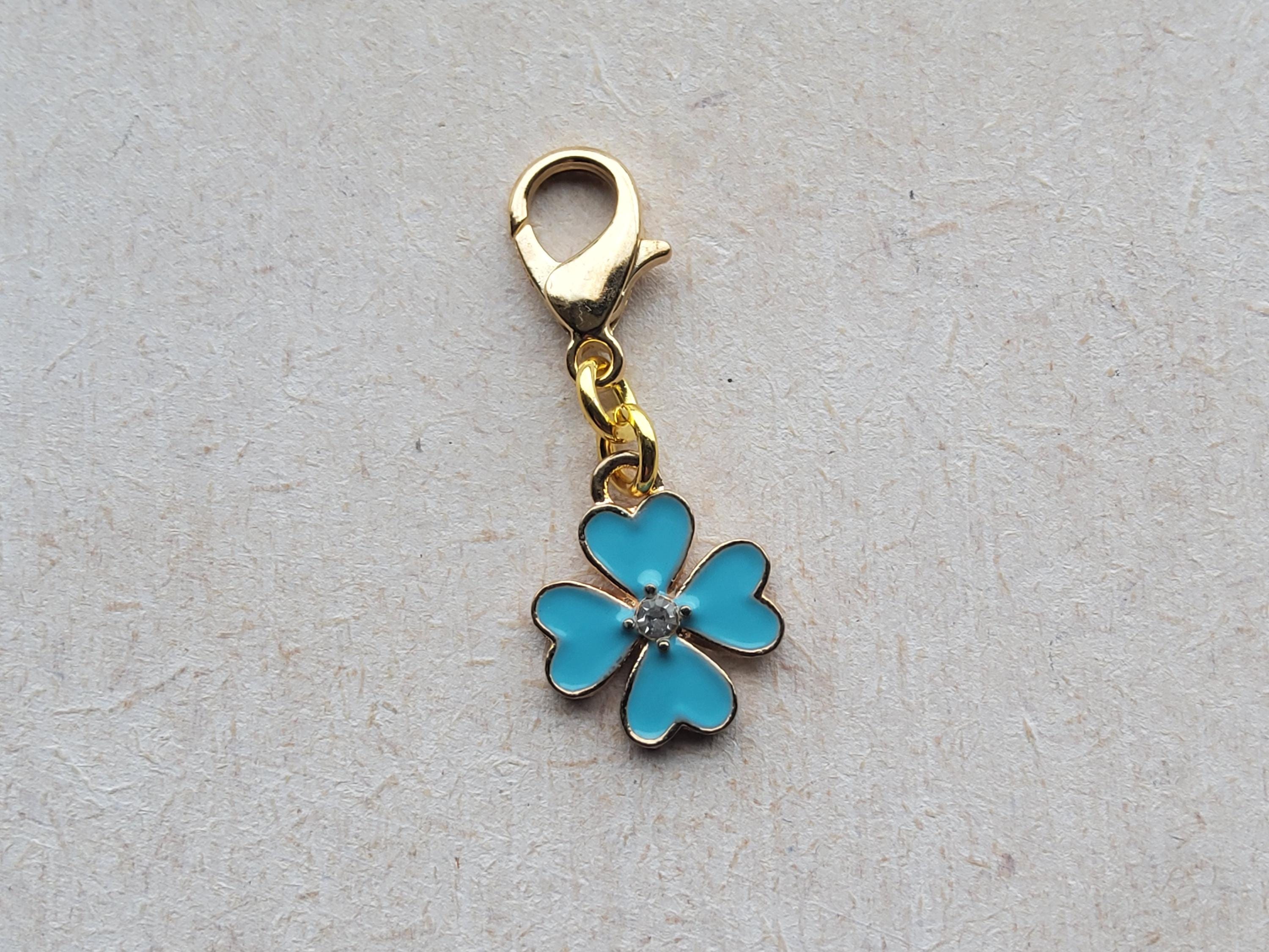 Blue Enamel Clover With Rhinestone Clip on Charm, Gold Lobster