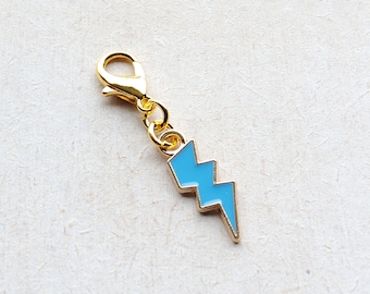 Blue Lightning Bolt Enamel Clip on Charm with Gold Lobster Clasp, Stitchmarker, Zipper, Planner Charm