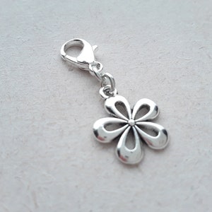 Flower Tibetan Silver Clip on Charm with Lobster Clasp, Stitchmarker, Zipper, Planner Charm