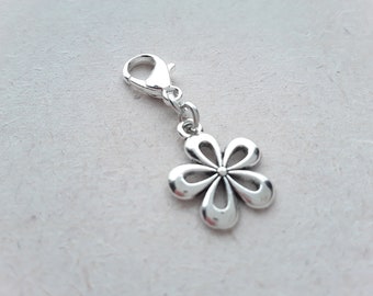 Flower Tibetan Silver Clip on Charm with Lobster Clasp, Stitchmarker, Zipper, Planner Charm