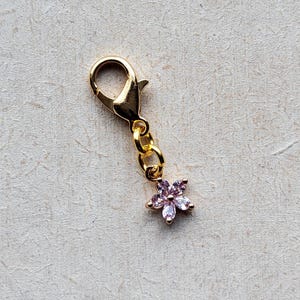 Tiny Pink Cubic Zirconia Flower Clip on Charm, Real 18K Gold Plated, with Gold Lobster Clasp, Stitchmarker, Zipper, Planner Charm