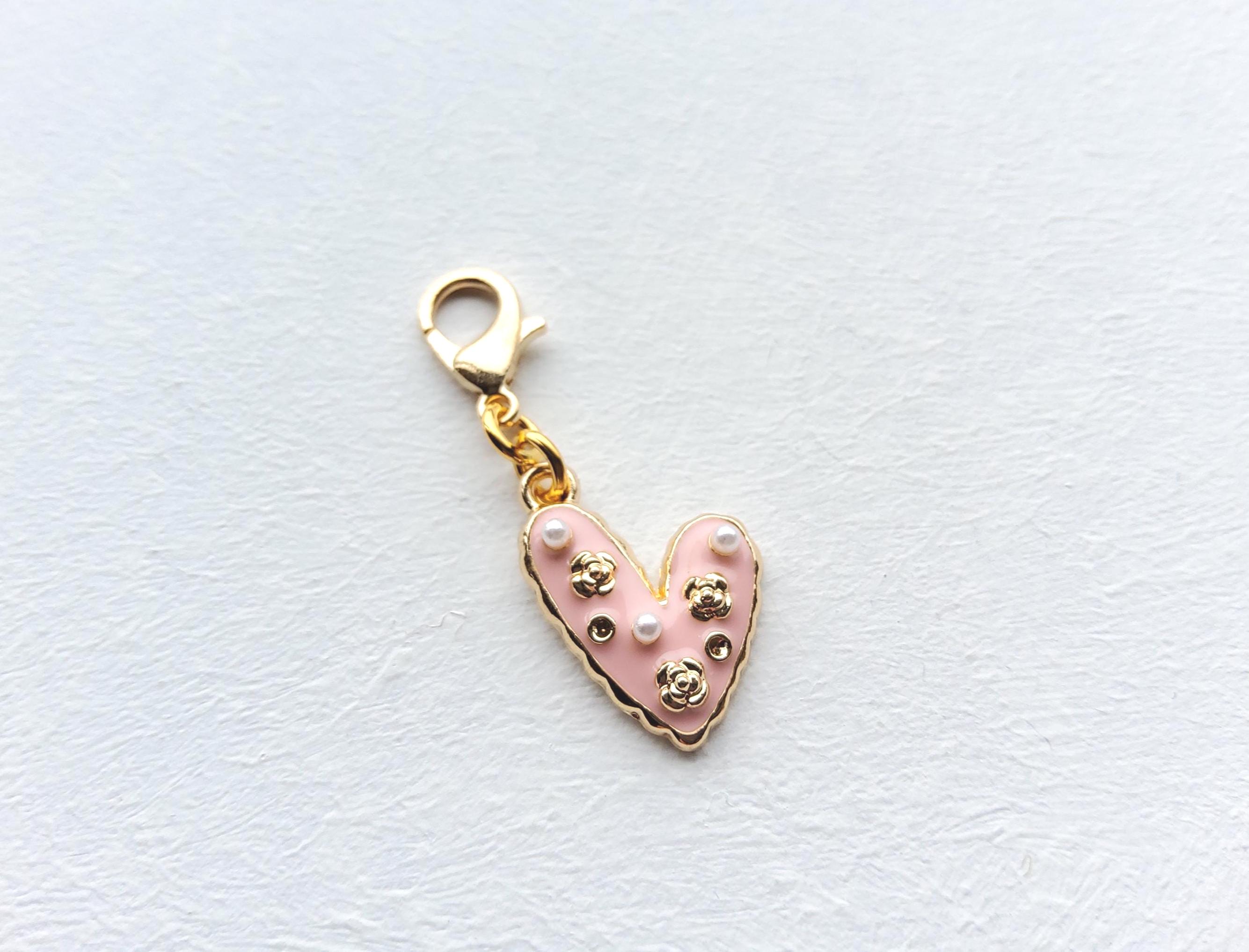 Pink Enamel Heart With Pearl Beads Clip on Charm, Gold Lobster