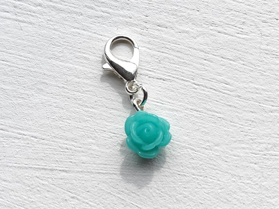 Turquoise Resin Rose Clip on Charm With Silver Lobster Clasp