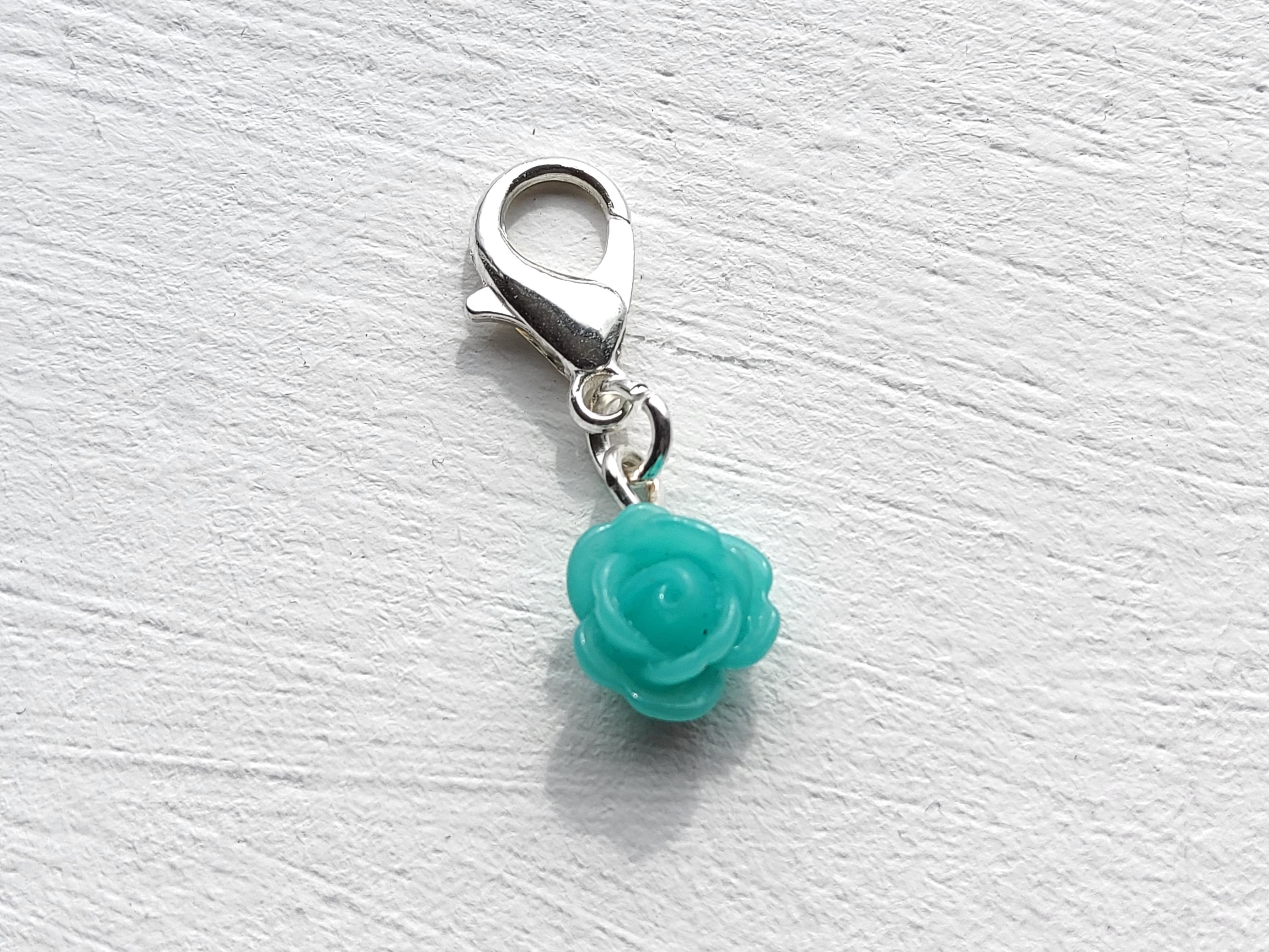 Turquoise Resin Rose Clip on Charm With Silver Lobster Clasp
