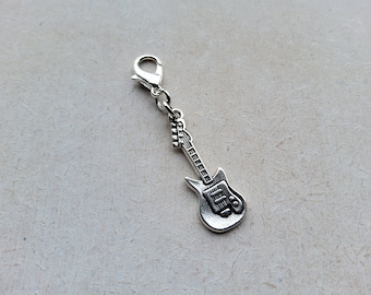 Guitar Tibetan Silver Clip on Charm with Lobster Clasp, Stitchmarker, Zipper, Planner Charm