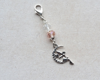 Fairy and Moon Tibetan Silver and Bead Clip on Charm with Lobster Clasp, Stitchmarker, Zipper, Planner Charm