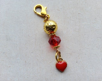 Red Enamel Heart, Gold and Red Bead Clip on Charm, Journal Charm, Planner, Dangle with Lobster Clasp, Gift