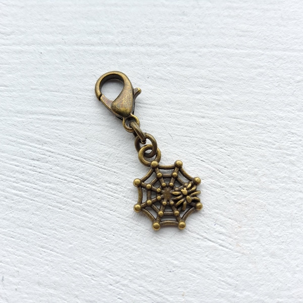 Antique Bronze Spider with Spiderweb Clip on Charm with Lobster Clasp, Stitchmarker, Zipper, Planner Charm