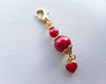 Red Enamel Heart and Glass Bead Clip on Charm, Journal Charm, Planner, Dangle with Lobster Clasp, Gift