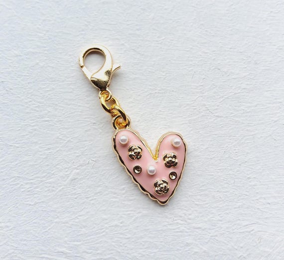 Pink Enamel Heart With Pearl Beads Clip on Charm, Gold Lobster