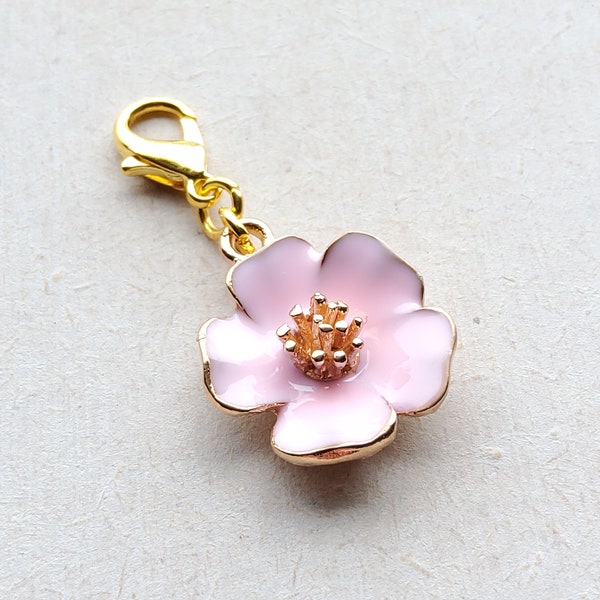 Large Pink Flower Enamel Clip on Charm with Gold Lobster Clasp, Stitchmarker, Zipper, Planner Charm