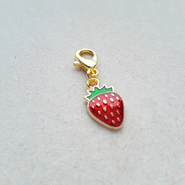 Strawberry Enamel Clip on Charm with Gold Lobster Clasp, Stitchmarker, Zipper, Planner Charm