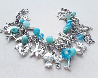 Bracelet de charme sous la mer avec 40 charmes tibétains en argent et perles, chaîne en acier inoxydable, tortue, étoile de mer, sirène, cadeau, cadeau