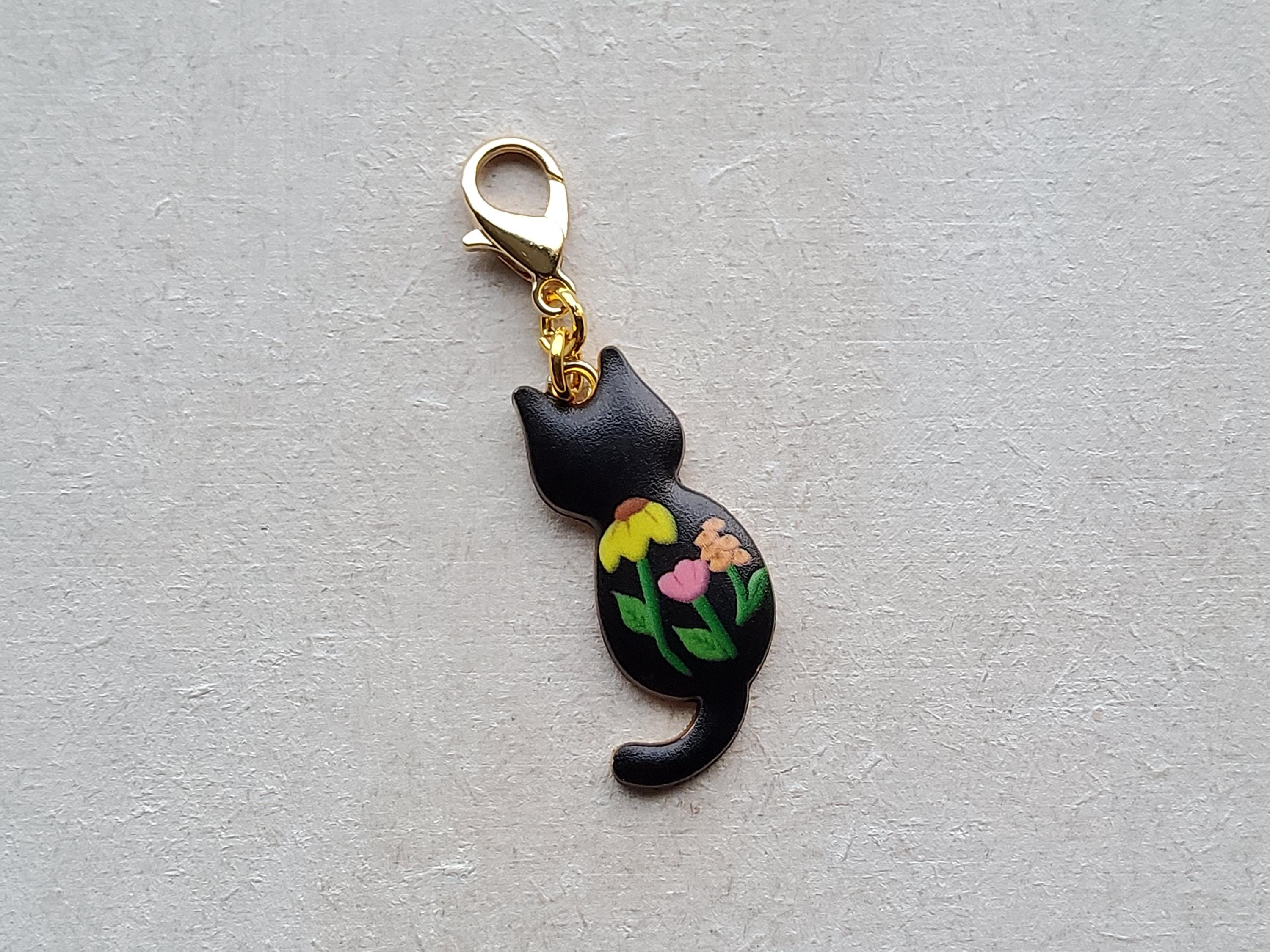 Black Cat With Flowers Enamel Clip on Charm With Gold Lobster