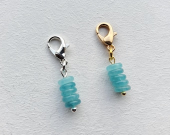 Natural Sea Blue Stone Clip on Charm, with Lobster Clasp, Stitchmarker, Zipper, Planner Charm