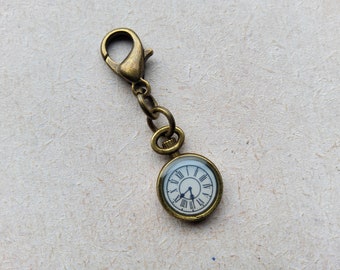 Antique Clock Vintage Style Clip on Charm with Lobster Clasp, Stitchmarker, Zipper, Planner Charm