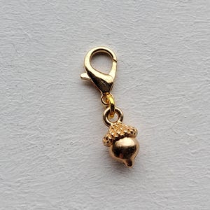 Pode incluir: Um charm dourado com um pingente de bolota. A bolota tem uma tampa texturizada e um corpo liso e arredondado. O charm é preso a um fecho de lagosta, permitindo que seja facilmente adicionado a uma pulseira ou colar.